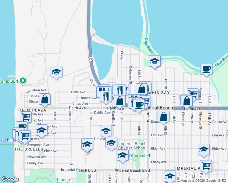 map of restaurants, bars, coffee shops, grocery stores, and more near 511 Sanderling Lane in Imperial Beach