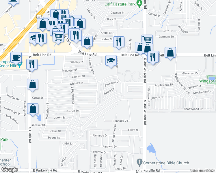 map of restaurants, bars, coffee shops, grocery stores, and more near 809 Plummer Drive in Cedar Hill