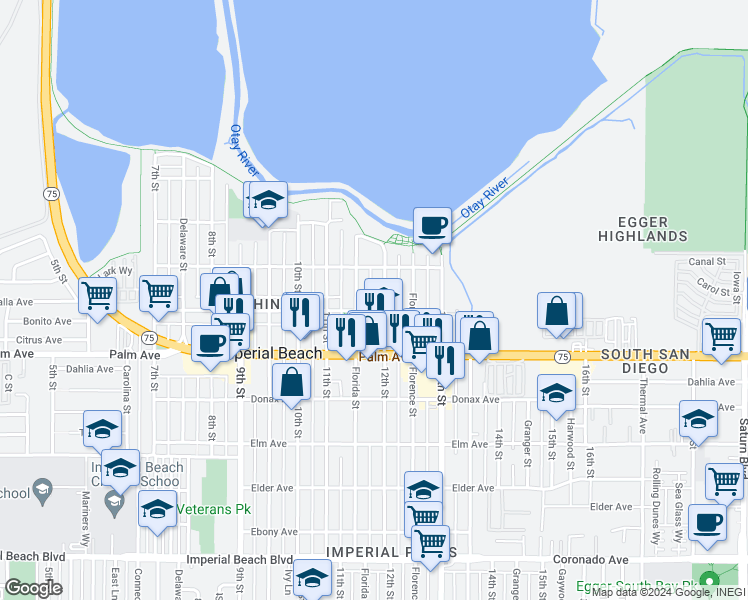 map of restaurants, bars, coffee shops, grocery stores, and more near 584 12th Street in Imperial Beach