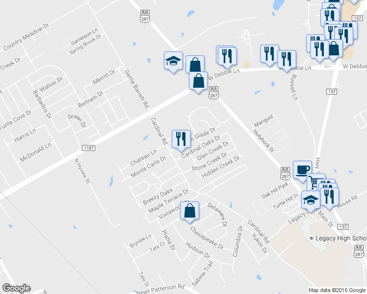 map of restaurants, bars, coffee shops, grocery stores, and more near 1301 Hidden Glade Dr in Mansfield