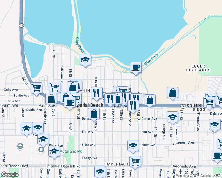 map of restaurants, bars, coffee shops, grocery stores, and more near 578 Florida Street in Imperial Beach