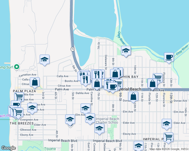 map of restaurants, bars, coffee shops, grocery stores, and more near 580 7th Street in Imperial Beach