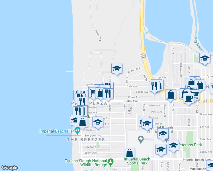map of restaurants, bars, coffee shops, grocery stores, and more near 596 3rd Street in Imperial Beach