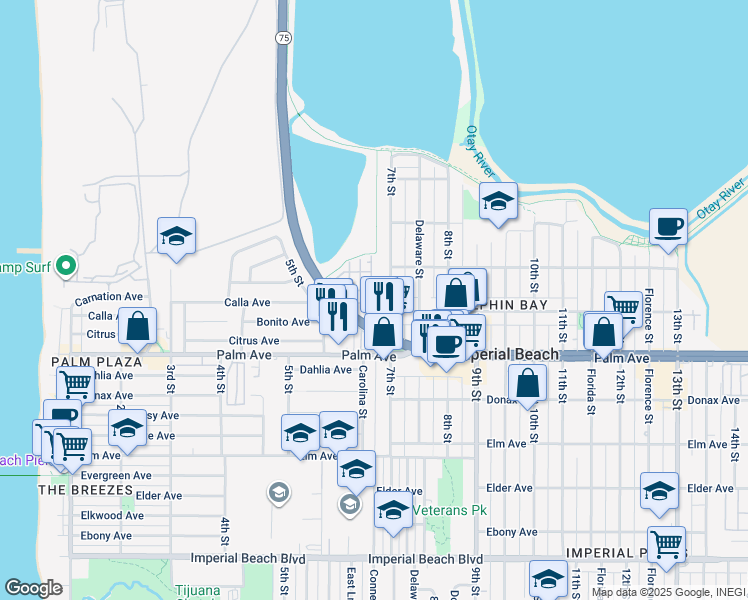 map of restaurants, bars, coffee shops, grocery stores, and more near 502 Finch Lane in Imperial Beach