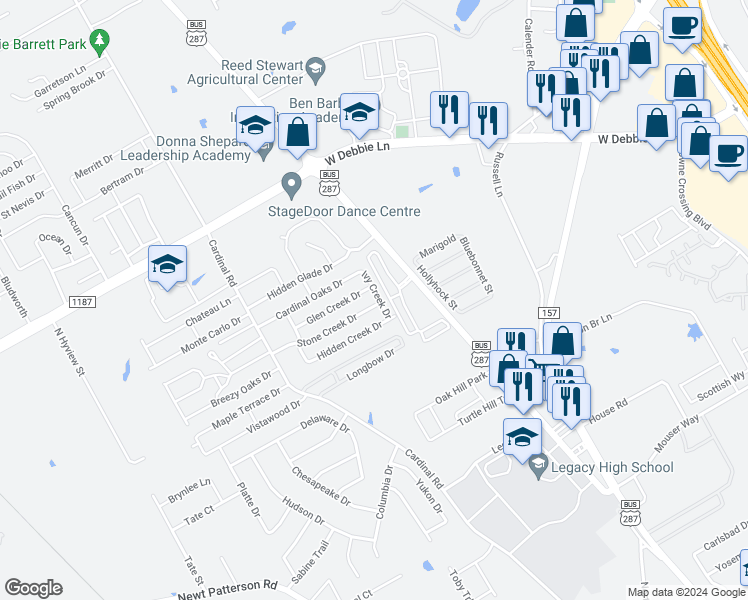map of restaurants, bars, coffee shops, grocery stores, and more near 1100 Stone Creek Drive in Mansfield