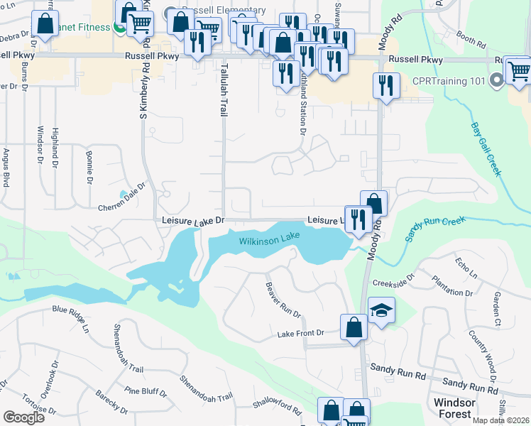 map of restaurants, bars, coffee shops, grocery stores, and more near 508 Leisure Lake Drive in Warner Robins