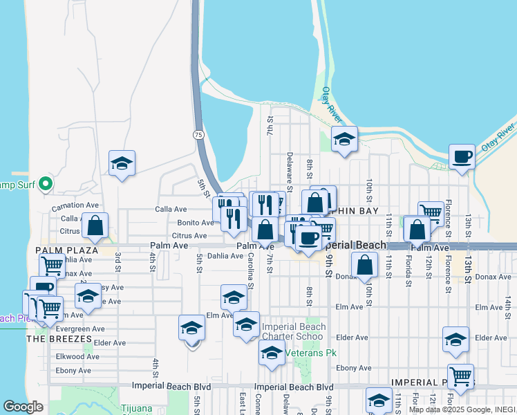 map of restaurants, bars, coffee shops, grocery stores, and more near 580 7th Street in Imperial Beach