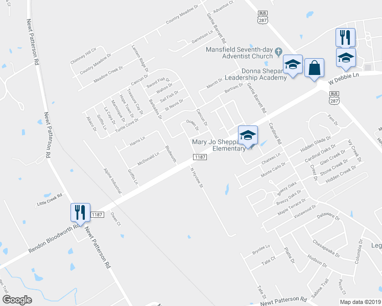 map of restaurants, bars, coffee shops, grocery stores, and more near 1503 Coastline Lane in Mansfield