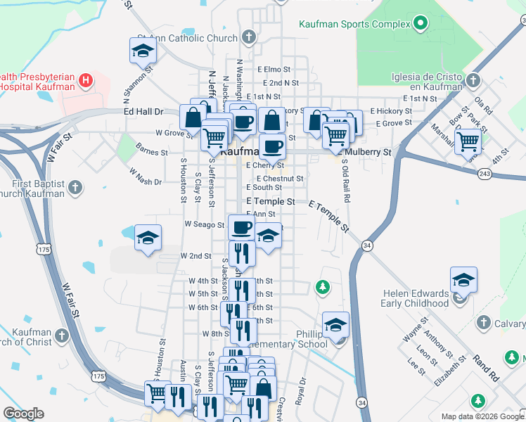 map of restaurants, bars, coffee shops, grocery stores, and more near 504 S Monroe St in Kaufman