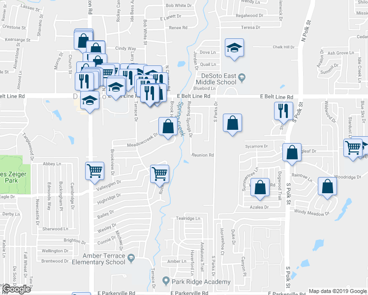 map of restaurants, bars, coffee shops, grocery stores, and more near 311 Roaring Springs Drive in DeSoto