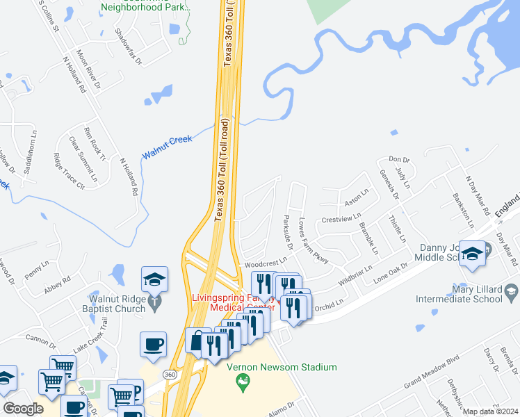 map of restaurants, bars, coffee shops, grocery stores, and more near 1426 Texas 360 in Mansfield