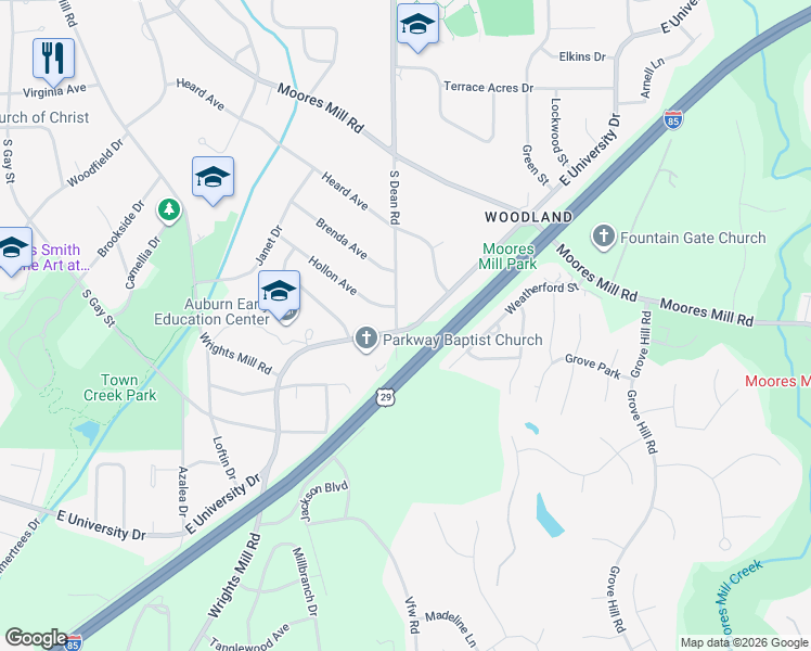 map of restaurants, bars, coffee shops, grocery stores, and more near 805 East University Drive in Auburn