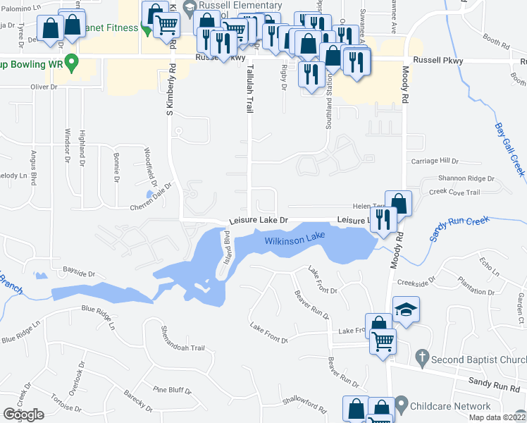 map of restaurants, bars, coffee shops, grocery stores, and more near 108 Ridge Pointe Court in Warner Robins