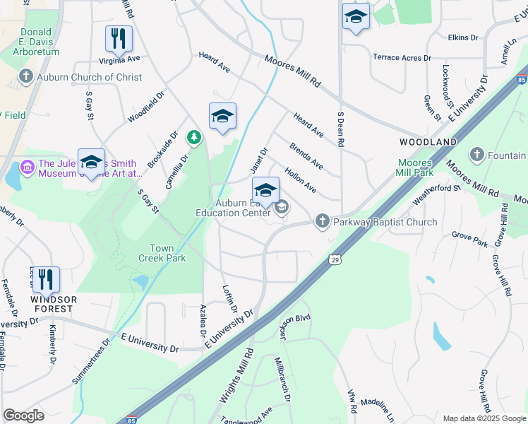 map of restaurants, bars, coffee shops, grocery stores, and more near 721 East University Drive in Auburn