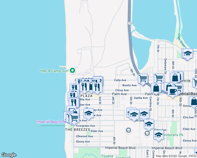 map of restaurants, bars, coffee shops, grocery stores, and more near 604 3rd Street in Imperial Beach