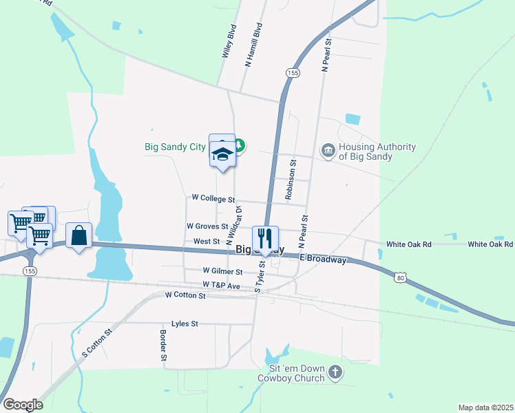 map of restaurants, bars, coffee shops, grocery stores, and more near 103 West College Street in Big Sandy