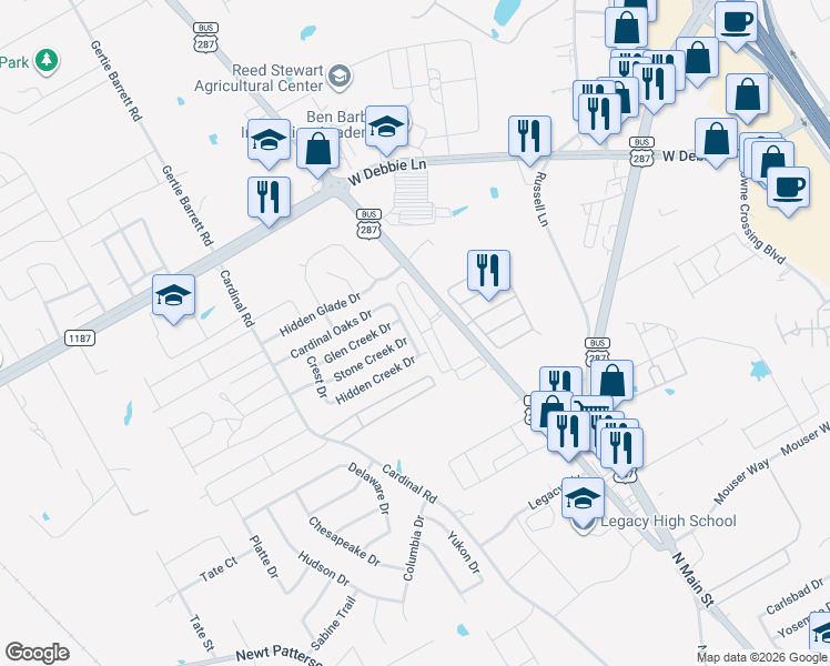 map of restaurants, bars, coffee shops, grocery stores, and more near 1100 Stone Creek Drive in Mansfield