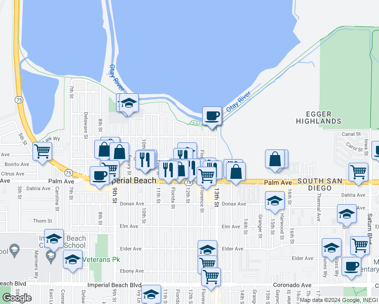 map of restaurants, bars, coffee shops, grocery stores, and more near 583 12th Street in Imperial Beach