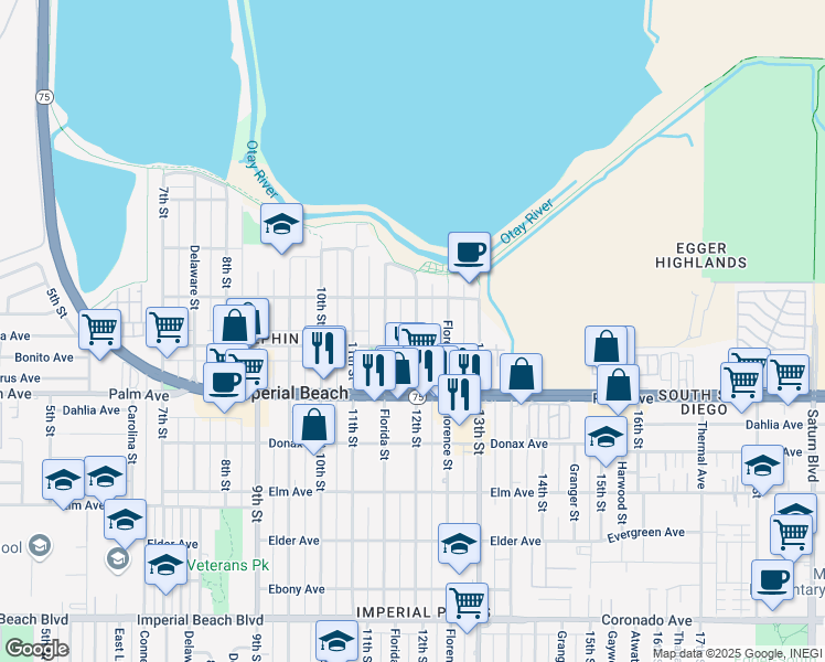 map of restaurants, bars, coffee shops, grocery stores, and more near 583 12th Street in Imperial Beach