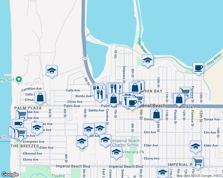map of restaurants, bars, coffee shops, grocery stores, and more near 580 7th Street in Imperial Beach