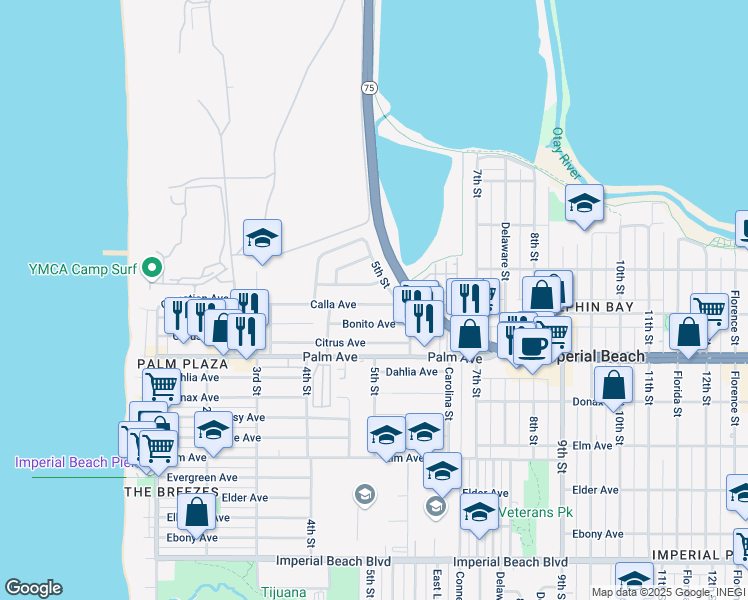 map of restaurants, bars, coffee shops, grocery stores, and more near 500 Calla Avenue in Imperial Beach