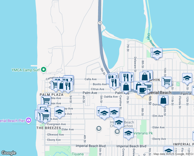 map of restaurants, bars, coffee shops, grocery stores, and more near 500 Calla Avenue in Imperial Beach