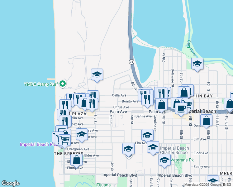 map of restaurants, bars, coffee shops, grocery stores, and more near 410 Calla Avenue in Imperial Beach
