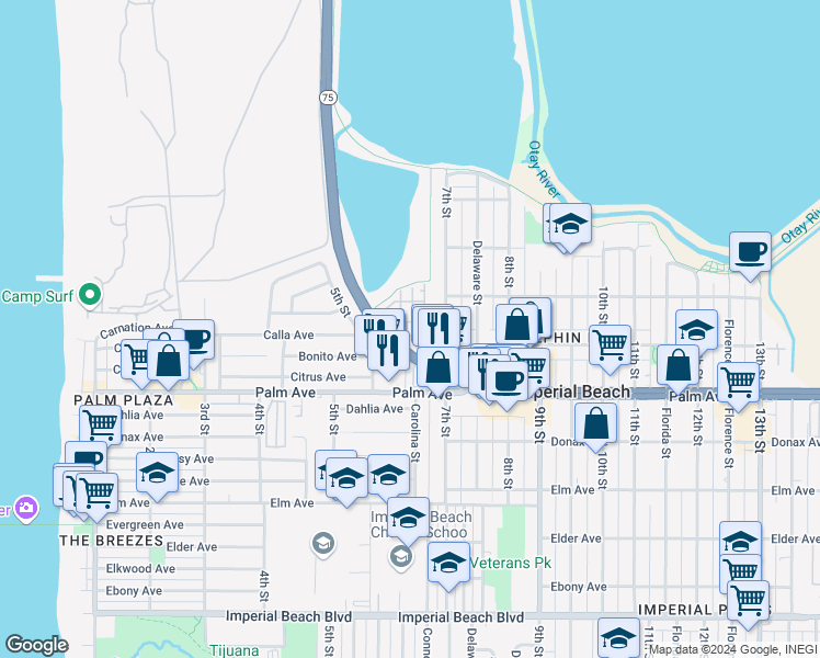 map of restaurants, bars, coffee shops, grocery stores, and more near 511 Hummingbird Lane in Imperial Beach
