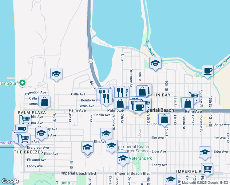 map of restaurants, bars, coffee shops, grocery stores, and more near 513 Sanderling Lane in Imperial Beach