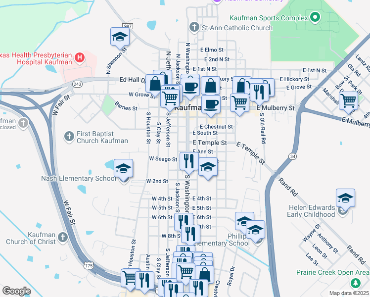 map of restaurants, bars, coffee shops, grocery stores, and more near 506 Texas 34 in Kaufman