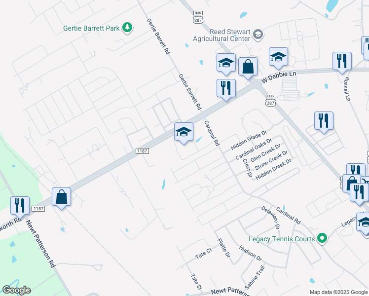 map of restaurants, bars, coffee shops, grocery stores, and more near 1701 Farm to Market Road 1187 in Mansfield