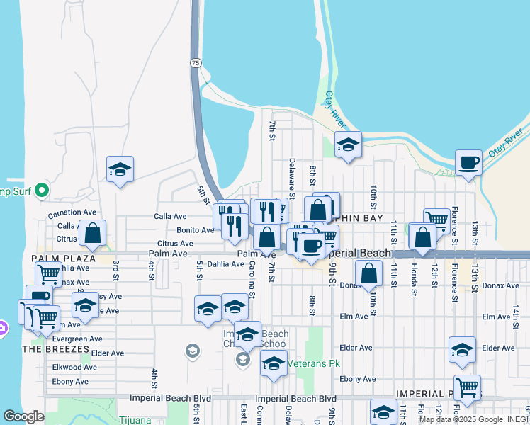 map of restaurants, bars, coffee shops, grocery stores, and more near 580 7th Street in Imperial Beach