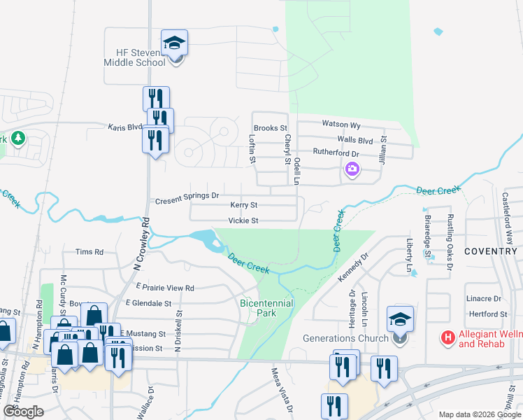 map of restaurants, bars, coffee shops, grocery stores, and more near 624 Kerry Street in Crowley
