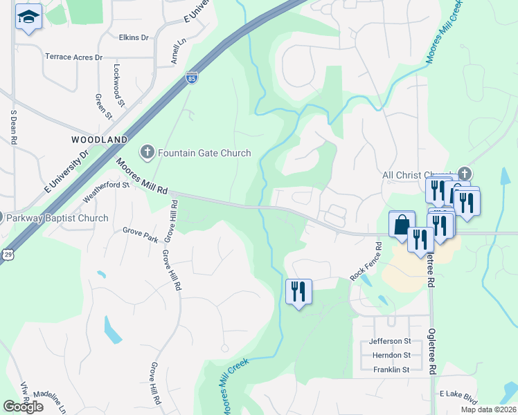 map of restaurants, bars, coffee shops, grocery stores, and more near 2100 Moores Mill Road in Auburn