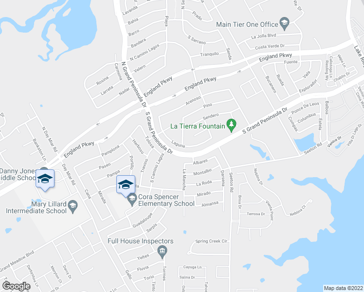 map of restaurants, bars, coffee shops, grocery stores, and more near Laguna in Grand Prairie