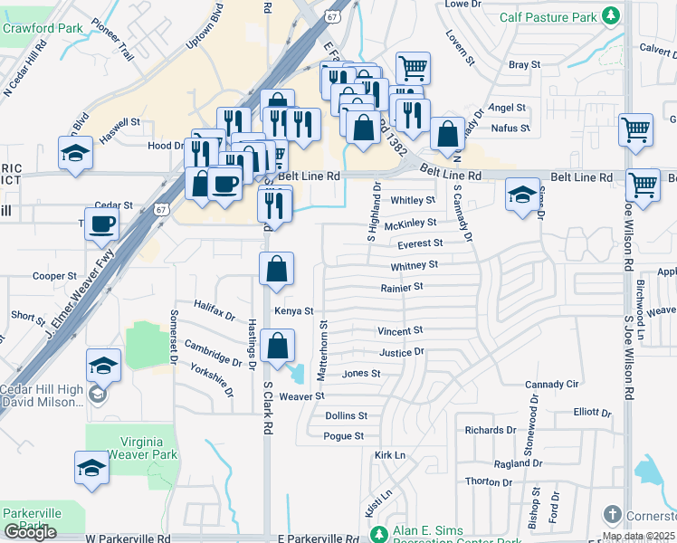 map of restaurants, bars, coffee shops, grocery stores, and more near 405 Whitney Street in Cedar Hill