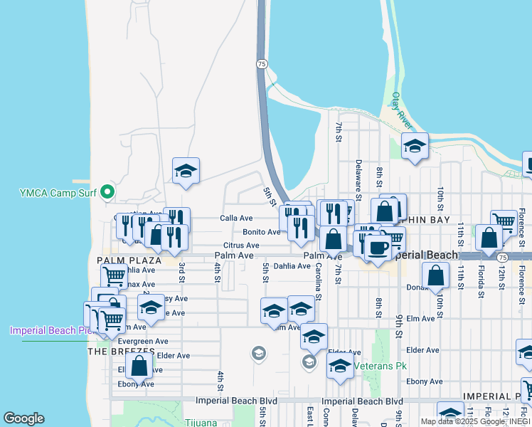 map of restaurants, bars, coffee shops, grocery stores, and more near 500 Calla Avenue in Imperial Beach