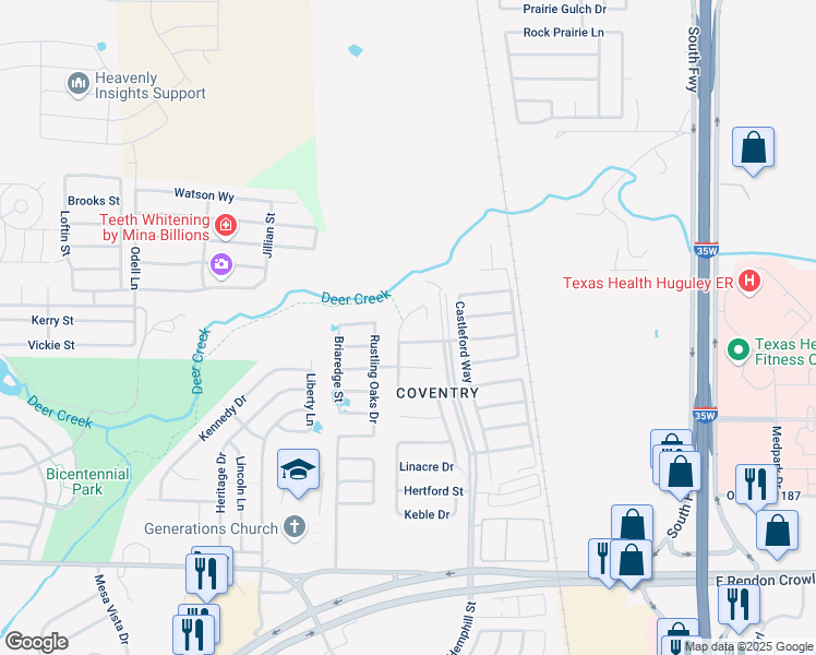 map of restaurants, bars, coffee shops, grocery stores, and more near 11801 Balliol Lane in Crowley