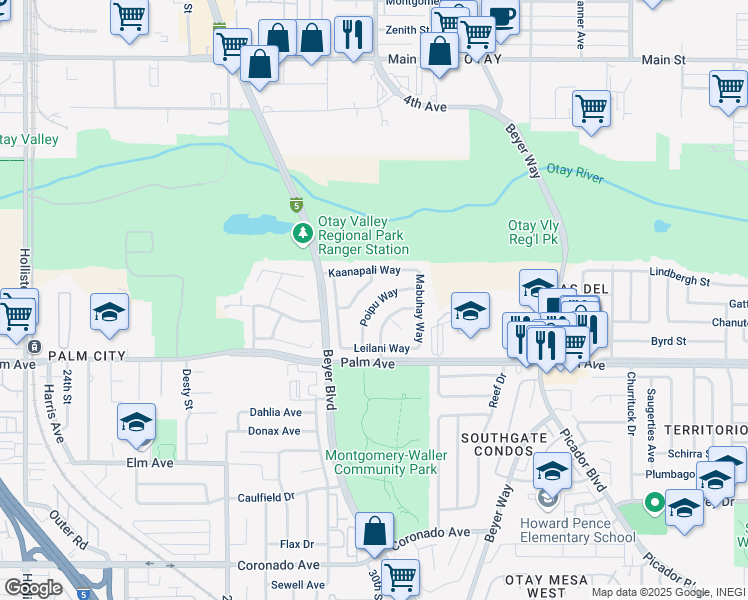 map of restaurants, bars, coffee shops, grocery stores, and more near 2294 Poipu Way in San Diego