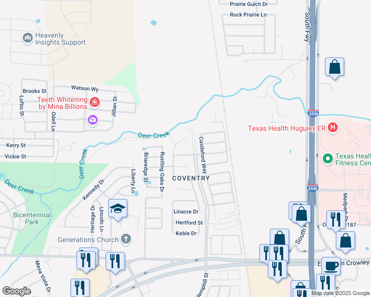map of restaurants, bars, coffee shops, grocery stores, and more near 11801 Balliol Lane in Crowley