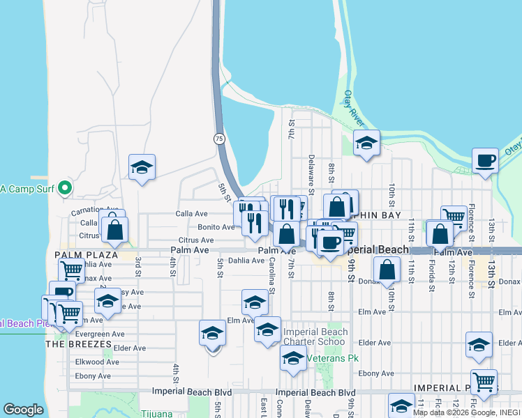 map of restaurants, bars, coffee shops, grocery stores, and more near 511 Pelican Lane in Imperial Beach