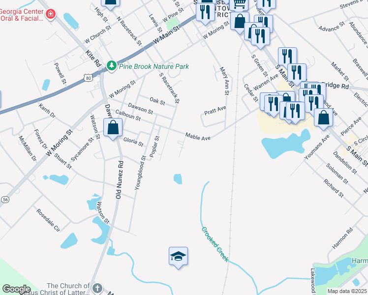 map of restaurants, bars, coffee shops, grocery stores, and more near 313 South Street in Swainsboro