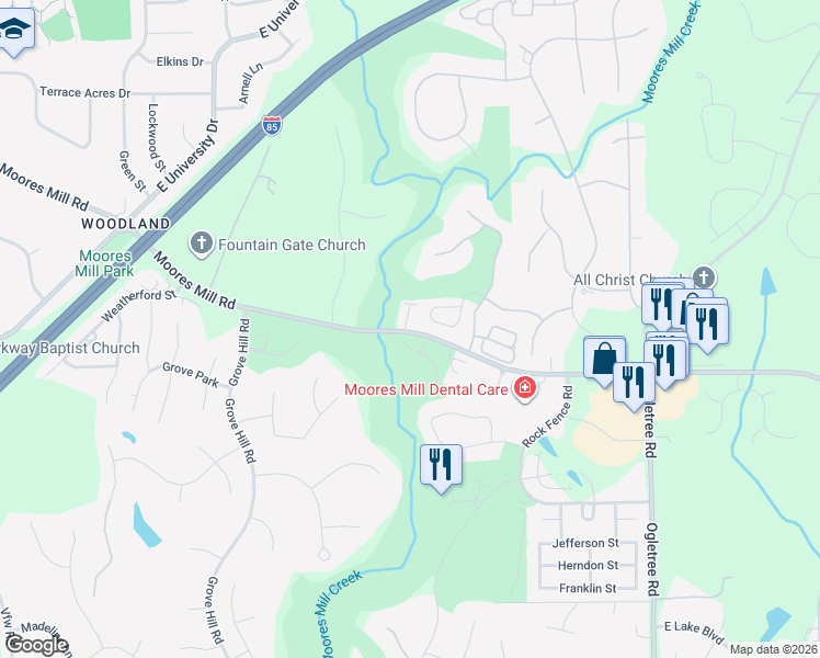 map of restaurants, bars, coffee shops, grocery stores, and more near 2051-2061 Moores Mill Road in Auburn