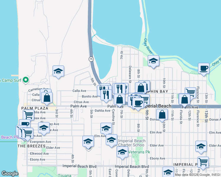 map of restaurants, bars, coffee shops, grocery stores, and more near 504 Hummingbird Lane in Imperial Beach