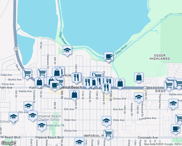 map of restaurants, bars, coffee shops, grocery stores, and more near 578 Florida Street in Imperial Beach