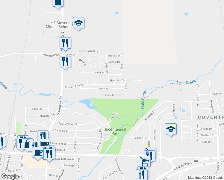 map of restaurants, bars, coffee shops, grocery stores, and more near 624 Kerry Street in Crowley