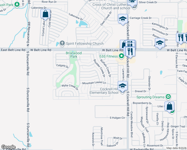 map of restaurants, bars, coffee shops, grocery stores, and more near 1509 Tumble Creek Drive in DeSoto