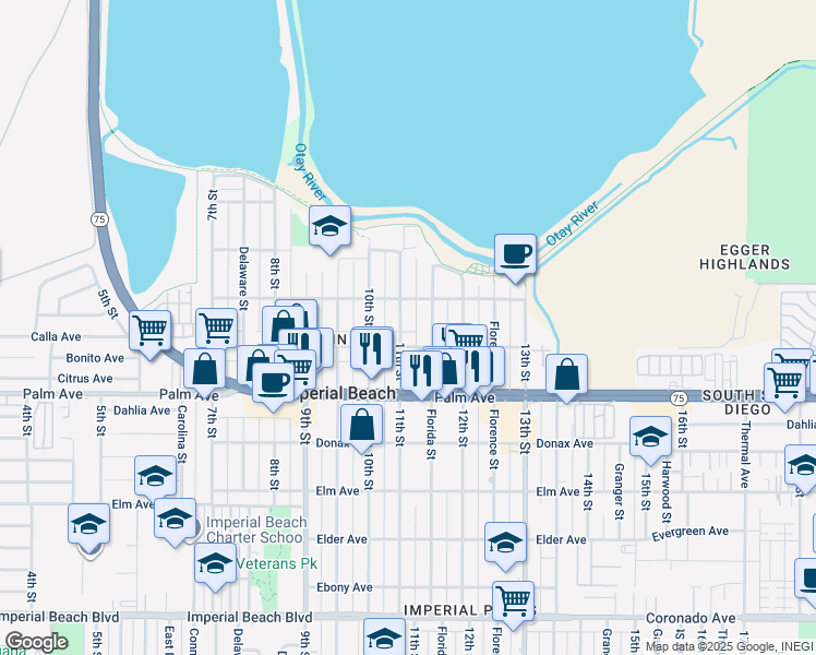 map of restaurants, bars, coffee shops, grocery stores, and more near 577 11th Street in Imperial Beach