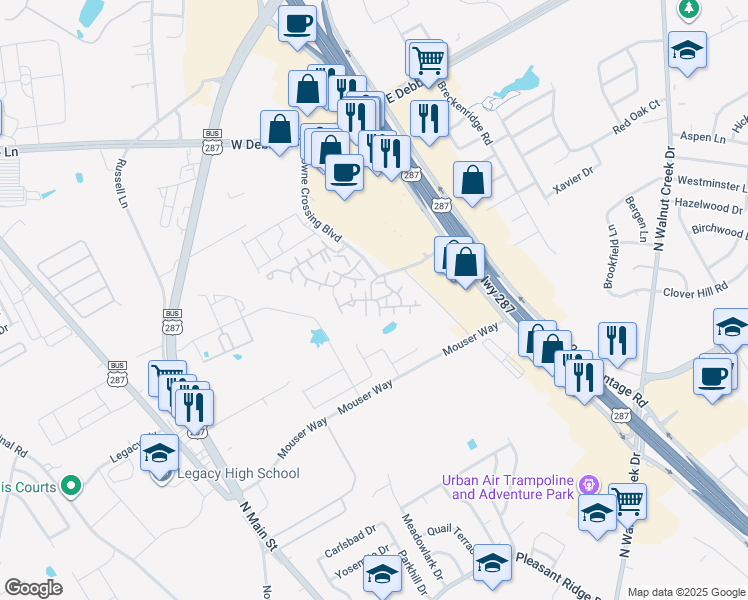 map of restaurants, bars, coffee shops, grocery stores, and more near 1601 Towne Crossing Boulevard in Mansfield