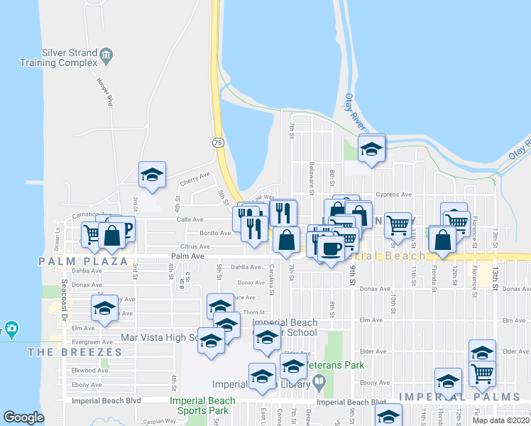 map of restaurants, bars, coffee shops, grocery stores, and more near 504 Hummingbird Lane in Imperial Beach